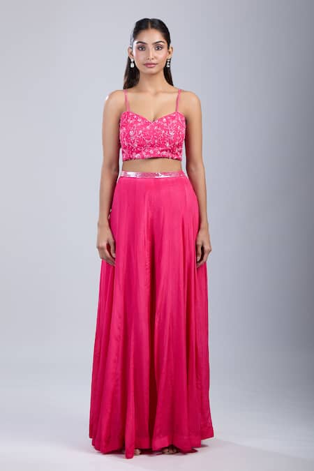 Samyukta Singhania_Pink Chinon Sequins, Embroidery Round Neck Floral Embellished Blouse Palazzo Set _at_Aza_Fashions