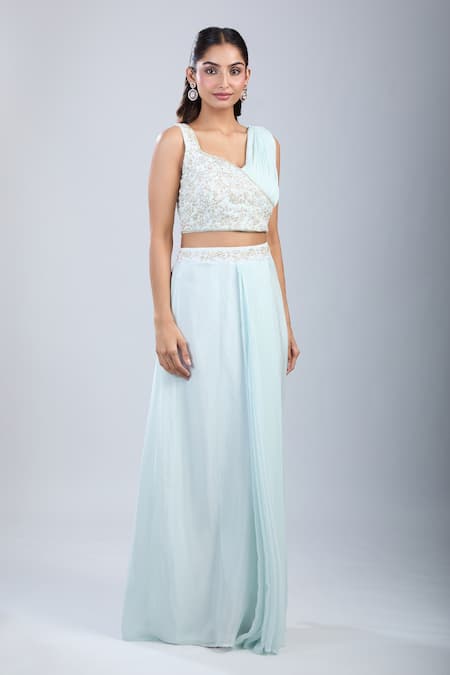 Shop Samyukta Singhania Green Chinon Sequins, Embroidery, Tassels Embellished Blouse With Draped Skirt Online at Aza Fashions Shop_Samyukta Singhania_Green Chinon Sequins, Embroidery, Tassels Embellished Blouse With Draped Skirt _Online_at_Aza_Fashions
