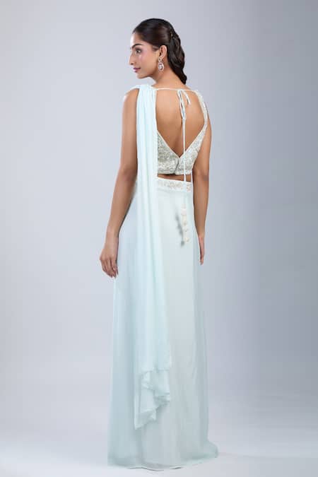 Samyukta Singhania Green Chinon Sequins, Embroidery, Tassels Embellished Blouse With Draped Skirt Online at Aza Fashions Samyukta Singhania_Green Chinon Sequins, Embroidery, Tassels Embellished Blouse With Draped Skirt _Online_at_Aza_Fashions