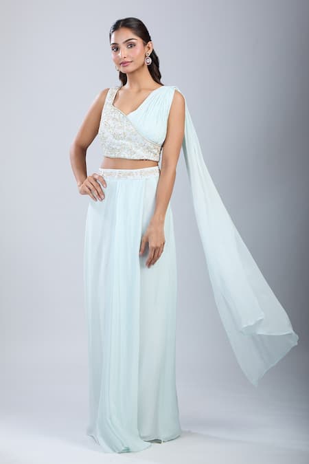 Samyukta Singhania Green Chinon Sequins, Embroidery, Tassels Embellished Blouse With Draped Skirt