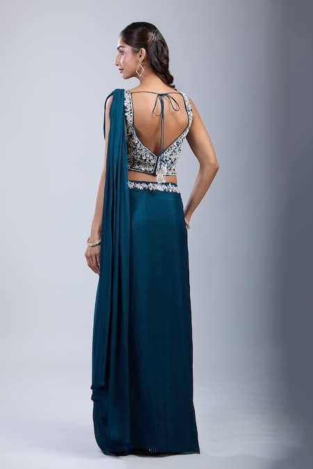 Samyukta Singhania Green Chinon Embroidery Asymmetric Embellished Blouse With Draped Skirt Online at Aza Fashions Samyukta Singhania_Green Chinon Embroidery Asymmetric Embellished Blouse With Draped Skirt _Online_at_Aza_Fashions