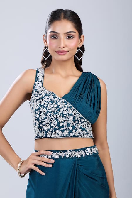 Buy Samyukta Singhania Green Chinon Embroidery Asymmetric Embellished Blouse With Draped Skirt Online at Aza Fashions Buy_Samyukta Singhania_Green Chinon Embroidery Asymmetric Embellished Blouse With Draped Skirt _Online_at_Aza_Fashions