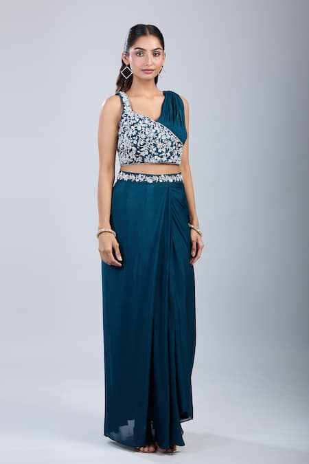 Shop Samyukta Singhania Green Chinon Embroidery Asymmetric Embellished Blouse With Draped Skirt Online at Aza Fashions Shop_Samyukta Singhania_Green Chinon Embroidery Asymmetric Embellished Blouse With Draped Skirt _Online_at_Aza_Fashions