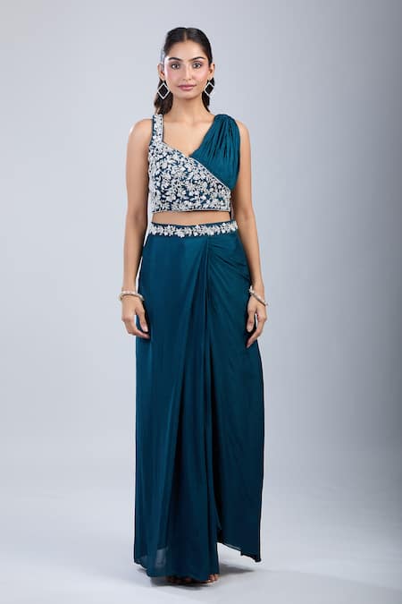 Samyukta Singhania Green Chinon Embroidery Asymmetric Embellished Blouse With Draped Skirt at Aza Fashions Samyukta Singhania_Green Chinon Embroidery Asymmetric Embellished Blouse With Draped Skirt _at_Aza_Fashions