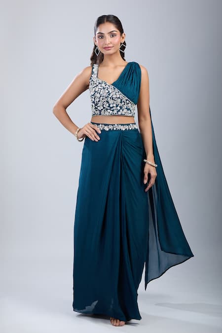 Samyukta Singhania Green Chinon Embroidery Asymmetric Embellished Blouse With Draped Skirt 