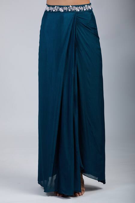 Buy Samyukta Singhania Green Chinon Embroidery Asymmetric Embellished Blouse With Draped Skirt Buy_Samyukta Singhania_Green Chinon Embroidery Asymmetric Embellished Blouse With Draped Skirt