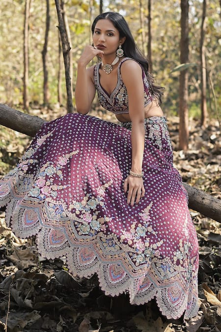Buy_Panihari_Magenta Silk, Net Cut Work, Sequins, Embroidery V-neck Raw Bridal Lehenga Set _Online_at_Aza_Fashions