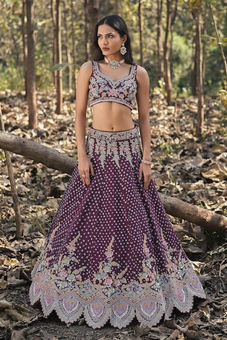 Panihari_Purple Silk, Net Sequins, Cut Work Leaf Neck Embroidered Lehenga Set _Online_at_Aza_Fashions