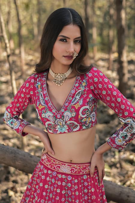 Panihari_Pink Silk, Net Sequins, Embroidery, Cut Work V-neck Raw Lehenga Set _Online_at_Aza_Fashions