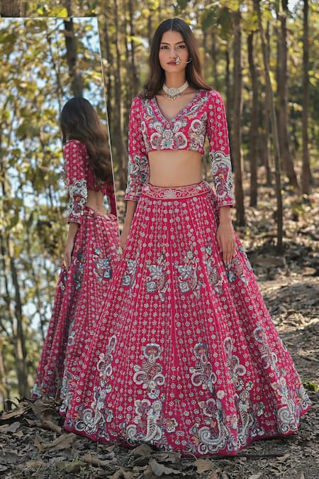 Buy_Panihari_Pink Silk, Net Sequins, Embroidery, Cut Work V-neck Raw Lehenga Set _Online_at_Aza_Fashions