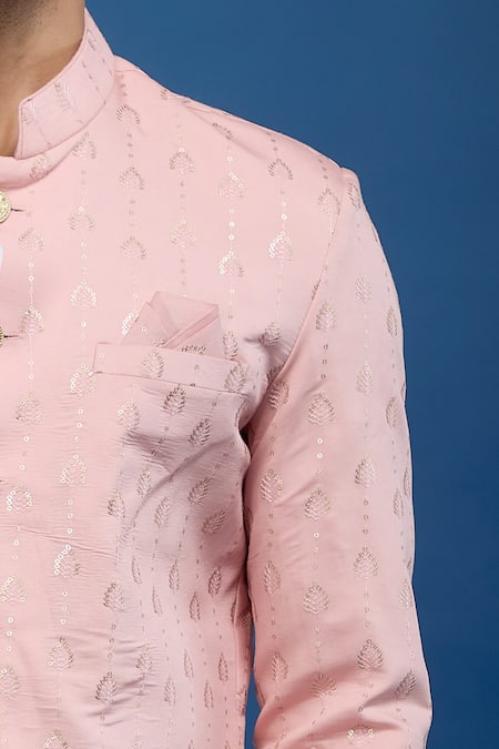 Arihant Rai Sinha_Pink Silk, Polyester, Viscose Sequins, Embroidery Leaf Sherwani Set _Online_at_Aza_Fashions