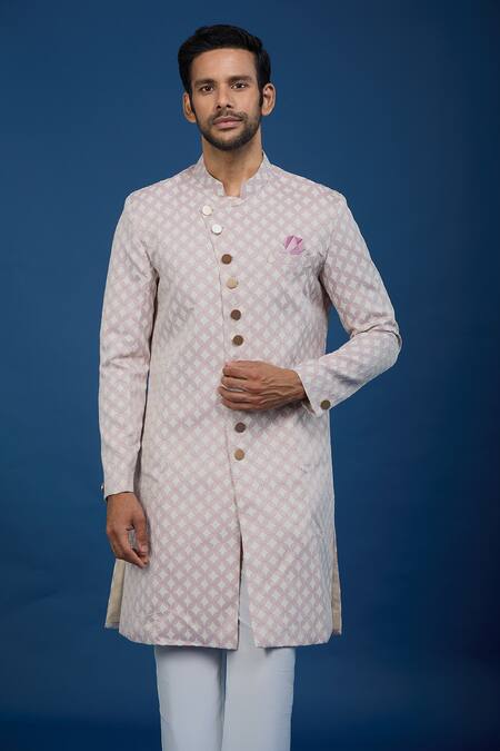 Arihant Rai Sinha_Pink Jacquard, Polyester, Viscose Embroidery, Sequins Leaf Woven Sherwani Set _Online_at_Aza_Fashions