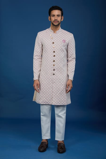 Shop_Arihant Rai Sinha_Pink Jacquard, Polyester, Viscose Embroidery, Sequins Leaf Woven Sherwani Set _Online_at_Aza_Fashions