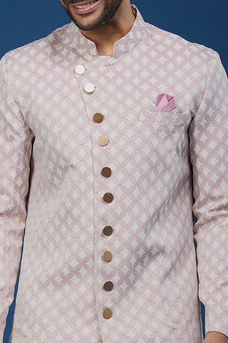 Arihant Rai Sinha_Pink Jacquard, Polyester, Viscose Embroidery, Sequins Leaf Woven Sherwani Set _at_Aza_Fashions