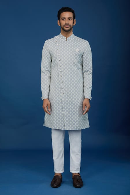 Arihant Rai Sinha_Gray Jacquard, Polyester, Viscose Embroidery, Sequins Leaf Woven Sherwani Set _Online_at_Aza_Fashions