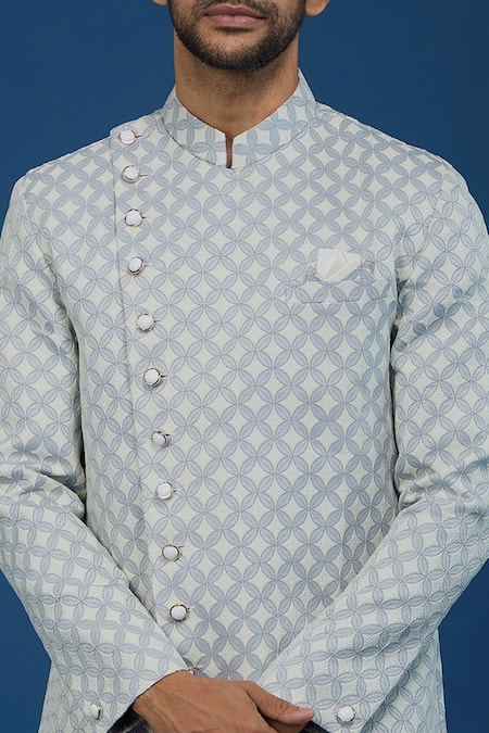 Shop_Arihant Rai Sinha_Gray Jacquard, Polyester, Viscose Embroidery, Sequins Leaf Woven Sherwani Set _Online_at_Aza_Fashions