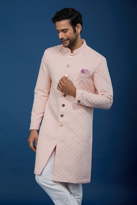 Buy_Arihant Rai Sinha_Pink Jacquard, Polyester, Viscose Embroidery, Sequins Leaf Pattern Sherwani Set _Online_at_Aza_Fashions