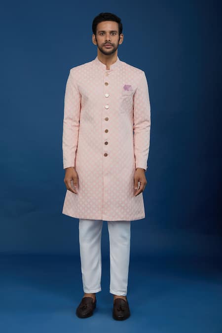 Shop_Arihant Rai Sinha_Pink Jacquard, Polyester, Viscose Embroidery, Sequins Leaf Pattern Sherwani Set _Online_at_Aza_Fashions