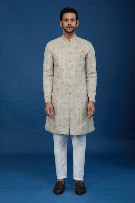 Buy_Arihant Rai Sinha_Beige Jacquard, Polyester, Viscose Embroidery, Florette Woven Sherwani Set _Online_at_Aza_Fashions
