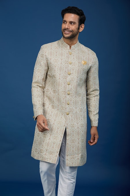 Shop_Arihant Rai Sinha_Beige Jacquard, Polyester, Viscose Embroidery, Florette Woven Sherwani Set _Online_at_Aza_Fashions