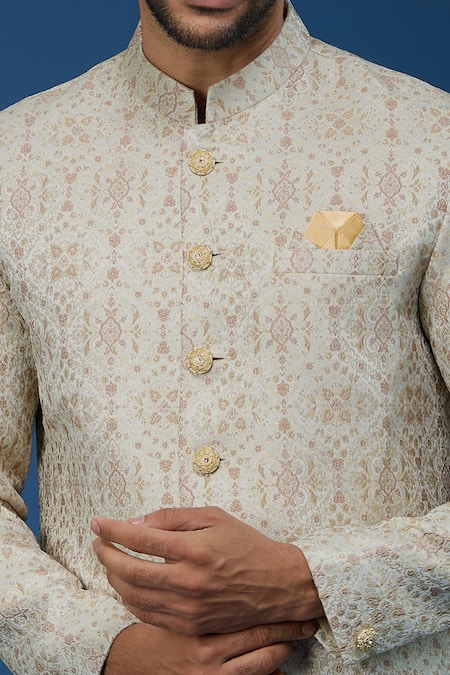 Arihant Rai Sinha_Beige Jacquard, Polyester, Viscose Embroidery, Florette Woven Sherwani Set _at_Aza_Fashions