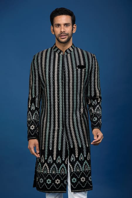 Arihant Rai Sinha Black Velvet, Polyester, Viscose Embroidery, Sequins Dori Sherwani Set Online at Aza Fashions Arihant Rai Sinha_Black Velvet, Polyester, Viscose Embroidery, Sequins Dori Sherwani Set _Online_at_Aza_Fashions