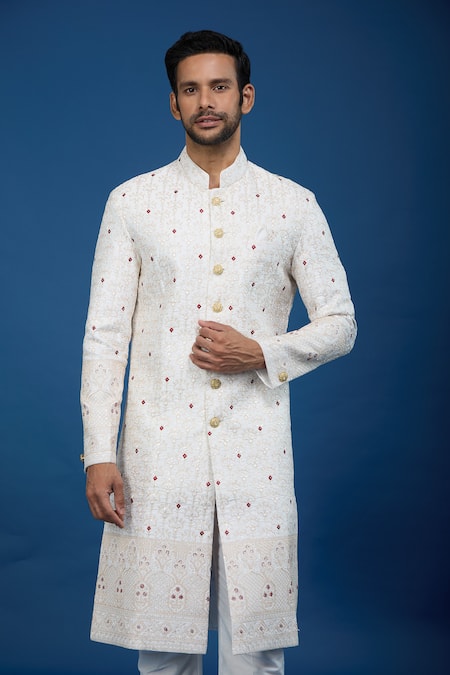 Buy_Arihant Rai Sinha_Off White Silk, Polyester, Viscose Embroidery Thread Sherwani Set _Online_at_Aza_Fashions
