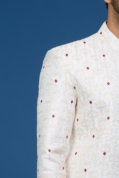Shop_Arihant Rai Sinha_Off White Silk, Polyester, Viscose Embroidery Thread Sherwani Set _Online_at_Aza_Fashions