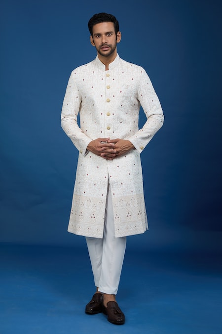 Arihant Rai Sinha_Off White Silk, Polyester, Viscose Embroidery Thread Sherwani Set _at_Aza_Fashions