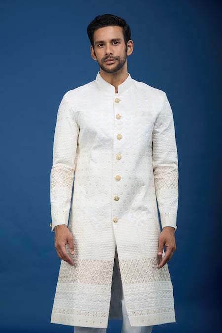 Buy_Arihant Rai Sinha_Cream Silk, Polyester, Viscose Embroidery, Sequins Chevron Sherwani Set _Online_at_Aza_Fashions