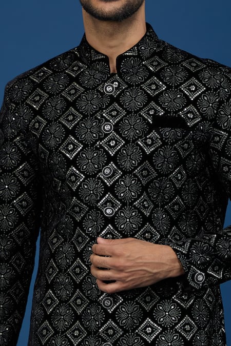 Buy_Arihant Rai Sinha_Black Velvet, Polyester, Viscose Embroidery, Sequins Thread And Sherwani Set _Online_at_Aza_Fashions