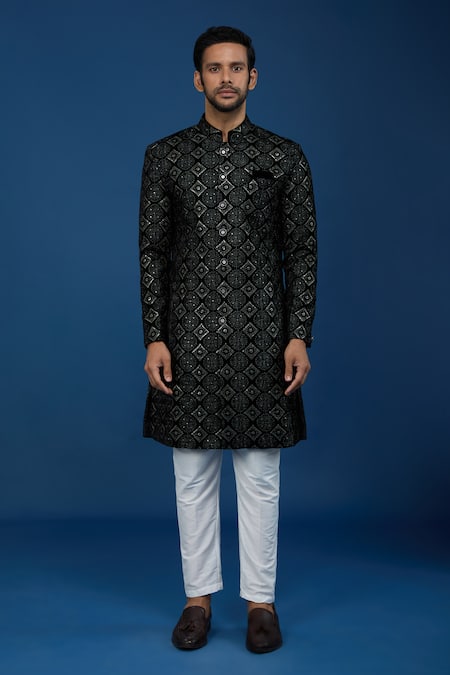 Shop_Arihant Rai Sinha_Black Velvet, Polyester, Viscose Embroidery, Sequins Thread And Sherwani Set _Online_at_Aza_Fashions