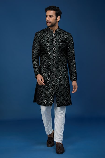 Arihant Rai Sinha_Black Velvet, Polyester, Viscose Embroidery, Sequins Thread And Sherwani Set _at_Aza_Fashions