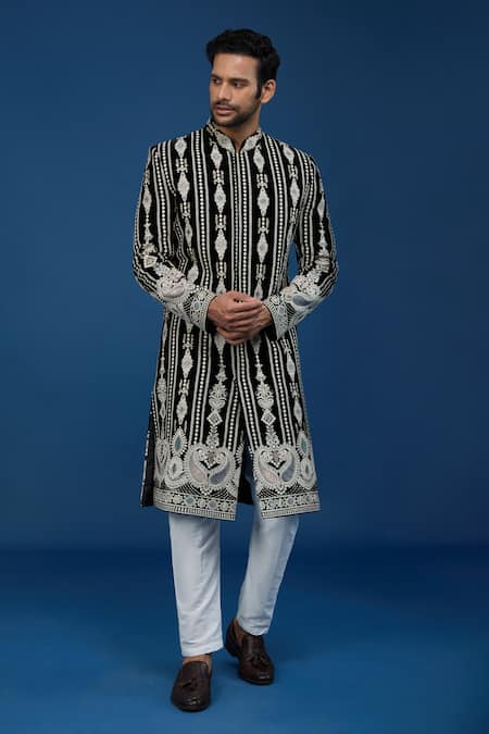 Arihant Rai Sinha Black Velvet, Polyester, Viscose Embroidery, Sequins Dori Sherwani Set at Aza Fashions Arihant Rai Sinha_Black Velvet, Polyester, Viscose Embroidery, Sequins Dori Sherwani Set _at_Aza_Fashions