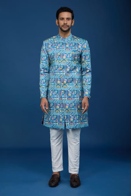 Buy_Arihant Rai Sinha_Blue Silk, Polyester, Viscose Embroidery, Sequins Paisley Sherwani Set _Online_at_Aza_Fashions