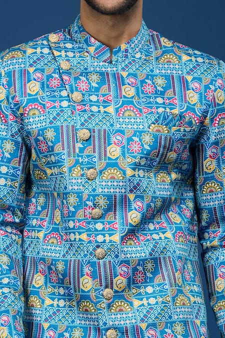Shop_Arihant Rai Sinha_Blue Silk, Polyester, Viscose Embroidery, Sequins Paisley Sherwani Set _Online_at_Aza_Fashions