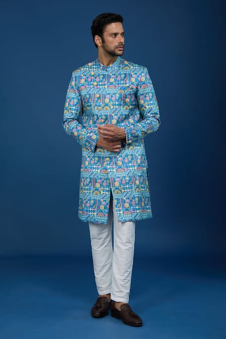 Arihant Rai Sinha_Blue Silk, Polyester, Viscose Embroidery, Sequins Paisley Sherwani Set _at_Aza_Fashions
