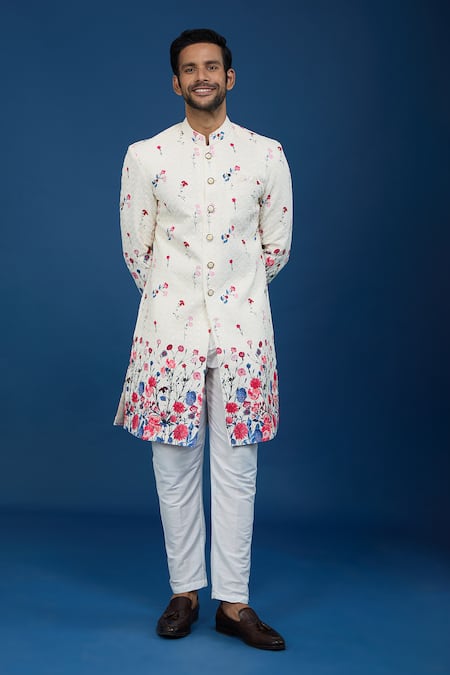 Buy_Arihant Rai Sinha_Off White Silk, Polyester, Viscose Embroidery Floral Pattern Sherwani Set _Online_at_Aza_Fashions