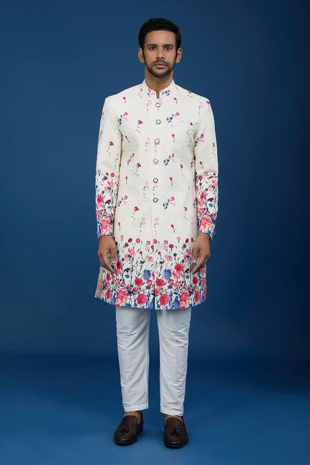 Shop_Arihant Rai Sinha_Off White Silk, Polyester, Viscose Embroidery Floral Pattern Sherwani Set _Online_at_Aza_Fashions