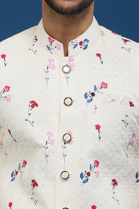 Arihant Rai Sinha_Off White Silk, Polyester, Viscose Embroidery Floral Pattern Sherwani Set _at_Aza_Fashions