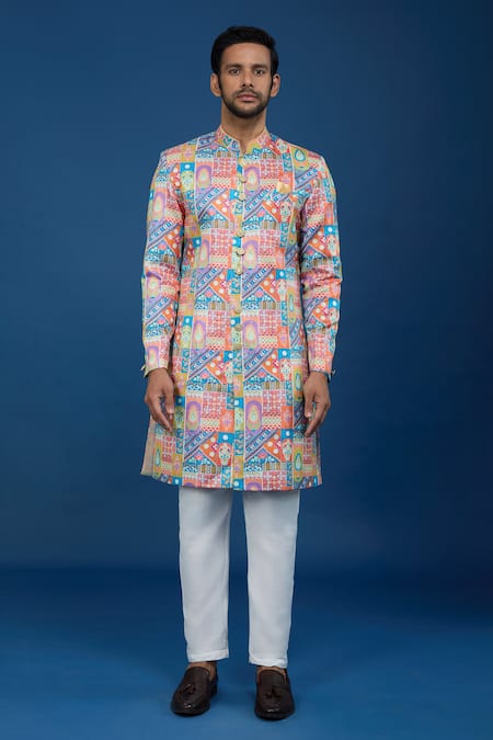Shop_Arihant Rai Sinha_Orange Silk, Polyester, Viscose Embroidery, Sequins Floral Pattern Sherwani Set _Online_at_Aza_Fashions