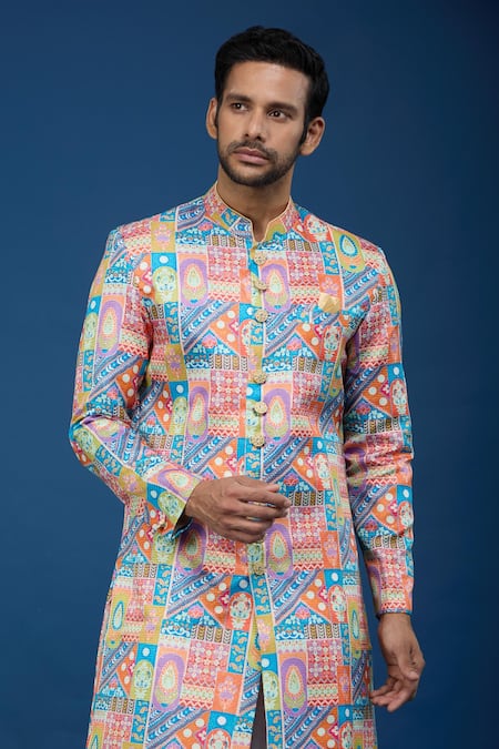 Arihant Rai Sinha_Orange Silk, Polyester, Viscose Embroidery, Sequins Floral Pattern Sherwani Set _at_Aza_Fashions