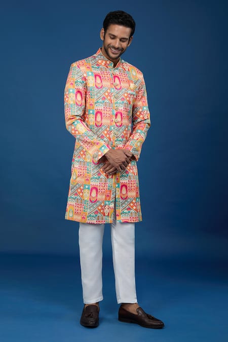 Arihant Rai Sinha Orange Silk, Polyester, Viscose Embroidery, Sequins Flower Pattern Sherwani Set Online at Aza Fashions Arihant Rai Sinha_Orange Silk, Polyester, Viscose Embroidery, Sequins Flower Pattern Sherwani Set _Online_at_Aza_Fashions