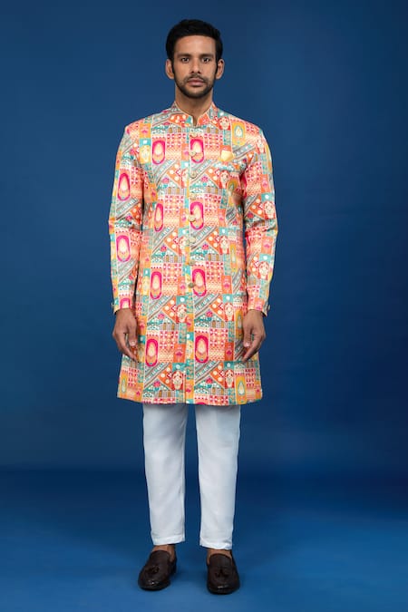 Shop Arihant Rai Sinha Orange Silk, Polyester, Viscose Embroidery, Sequins Flower Pattern Sherwani Set Online at Aza Fashions Shop_Arihant Rai Sinha_Orange Silk, Polyester, Viscose Embroidery, Sequins Flower Pattern Sherwani Set _Online_at_Aza_Fashions
