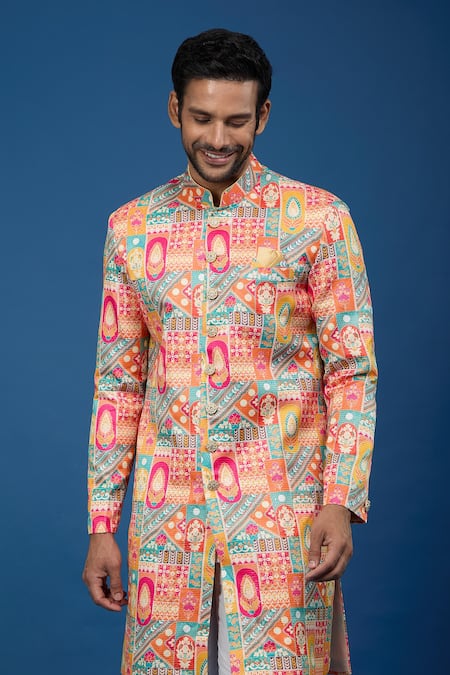 Arihant Rai Sinha Orange Silk, Polyester, Viscose Embroidery, Sequins Flower Pattern Sherwani Set at Aza Fashions Arihant Rai Sinha_Orange Silk, Polyester, Viscose Embroidery, Sequins Flower Pattern Sherwani Set _at_Aza_Fashions