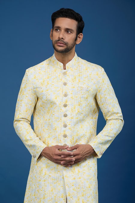 Arihant Rai Sinha_Yellow Silk, Polyester, Viscose Embroidery, Geometric Pattern Sherwani Set _Online_at_Aza_Fashions