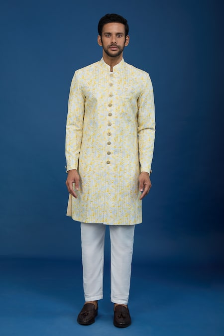 Arihant Rai Sinha_Yellow Silk, Polyester, Viscose Embroidery, Geometric Pattern Sherwani Set _at_Aza_Fashions