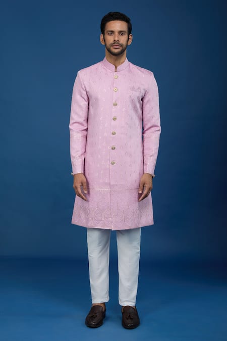 Arihant Rai Sinha Pink Silk, Polyester, Viscose Embroidery, Sequins Leaflet Sherwani Set Online at Aza Fashions Arihant Rai Sinha_Pink Silk, Polyester, Viscose Embroidery, Sequins Leaflet Sherwani Set _Online_at_Aza_Fashions