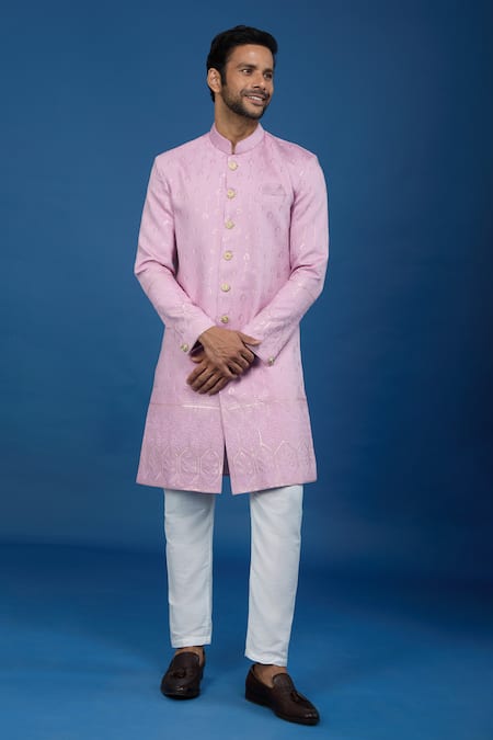 Buy Arihant Rai Sinha Pink Silk, Polyester, Viscose Embroidery, Sequins Leaflet Sherwani Set Online at Aza Fashions Buy_Arihant Rai Sinha_Pink Silk, Polyester, Viscose Embroidery, Sequins Leaflet Sherwani Set _Online_at_Aza_Fashions
