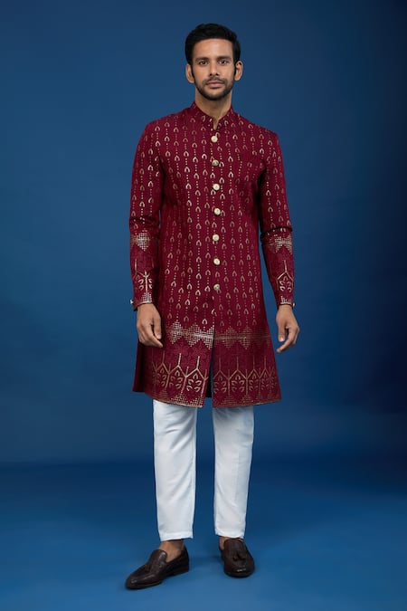 Arihant Rai Sinha_Maroon Silk, Polyester, Viscose Sequins, Embroidery Work Sherwani Set _Online_at_Aza_Fashions